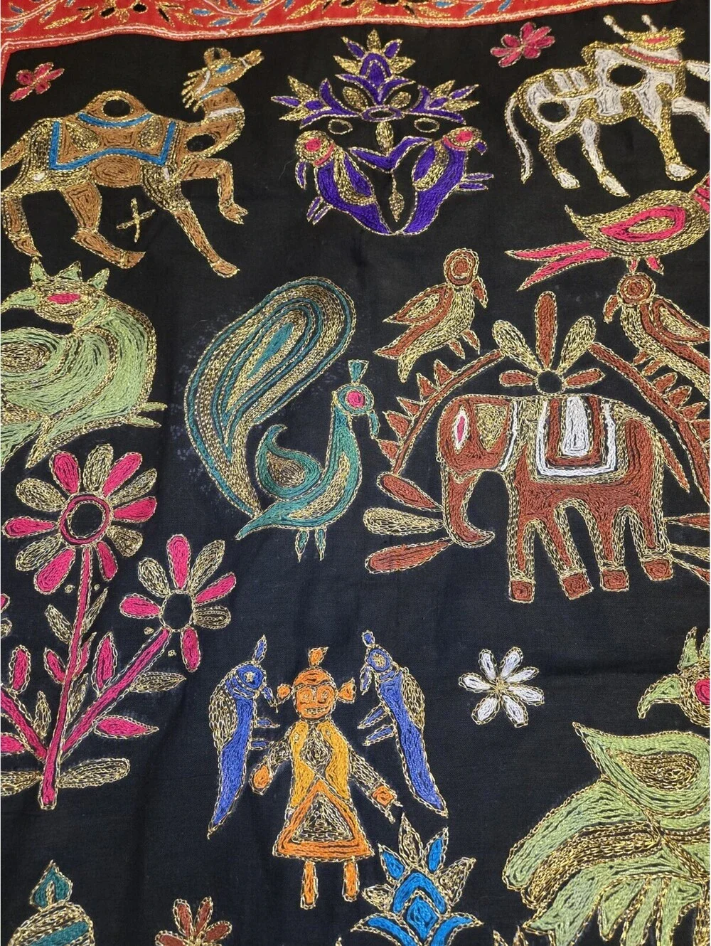 Vintage Gujarati Tapestry Kutch Embroidered Folk Art Wall Hanging Indian 57x42